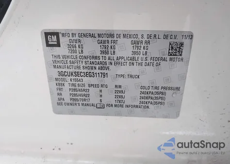 2014 Chevrolet Silverado 1500 2Lz z USA, uszkodzony, nr VIN 3GCUKSEC3EG311791